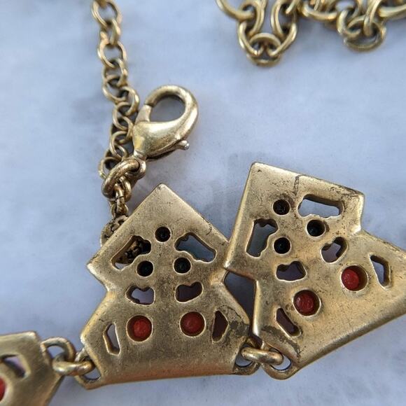 J. Crew antiqued gold tone orange/peach & blue statement necklace, rhinestones - Picture 11 of 11